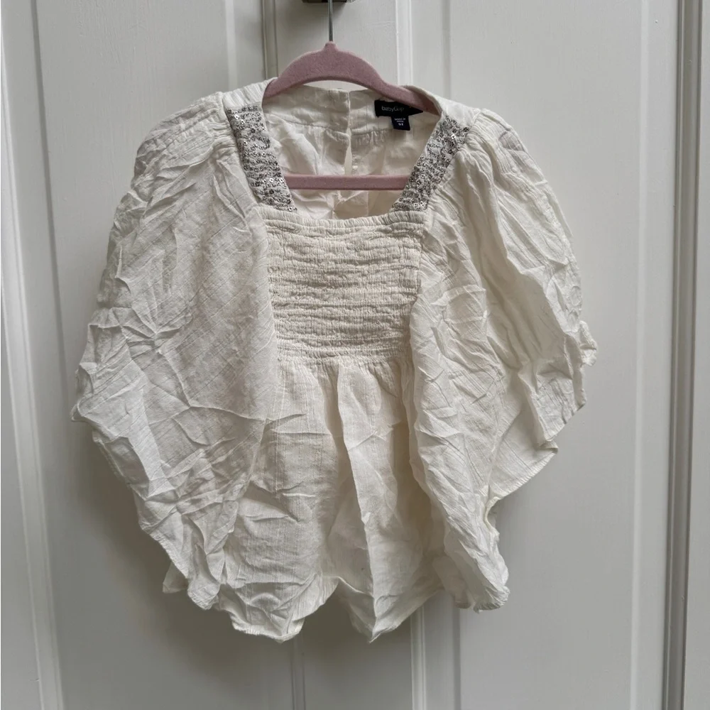 Baby GAP 3T Cream Off White Blouse with Embellished Flutter Short Sleeve Blouse